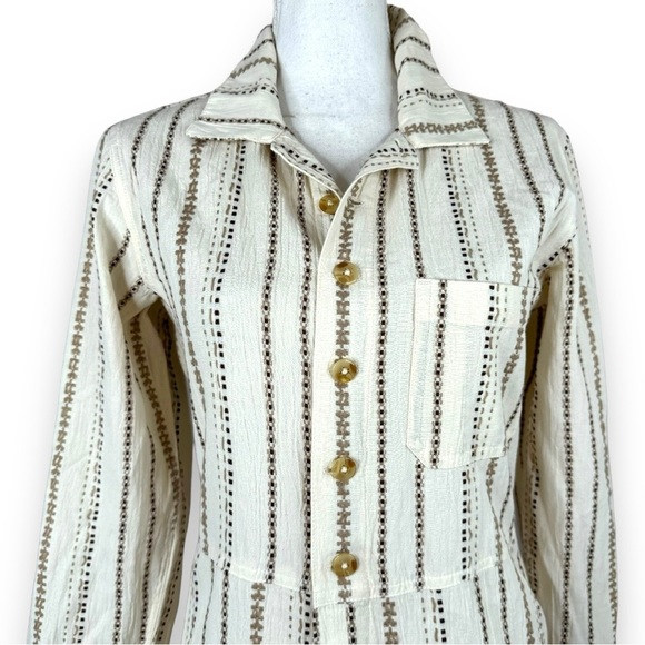 Free People Gia Jumpsuit in Neutral Ivory Tan  Stripe Long Sleeve Button Front - Picture 8 of 13